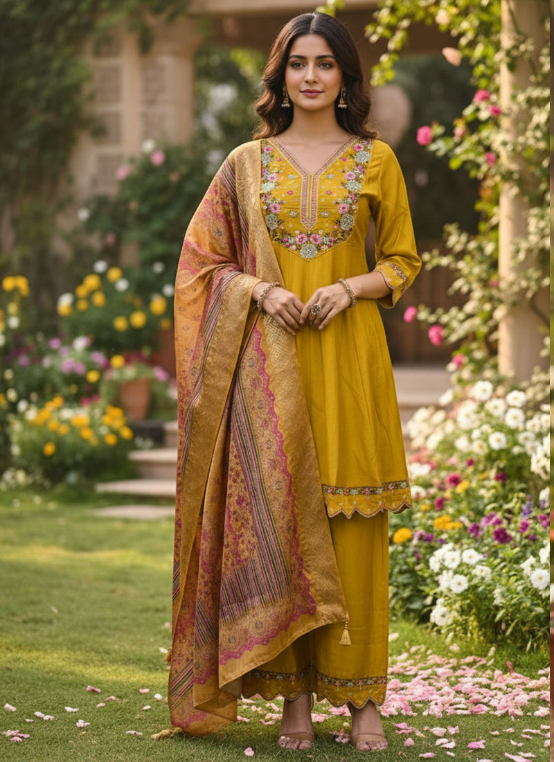 Prazu Fashion Yellow Cotton Silk Thread Sequence Designer Palazzo Suit