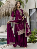 Thumbnail for The52 Wine Beautiful Embroidered Vichitra Silk Fabric Straight Kurta, Palazzo and Dupatta Set - Distacart