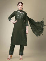 Thumbnail for Jyoti Fashion Women's Dark Green Cotton Blend Embroidery & Fancy Lace work Kurta with Trouser & Dupatta - Distacart