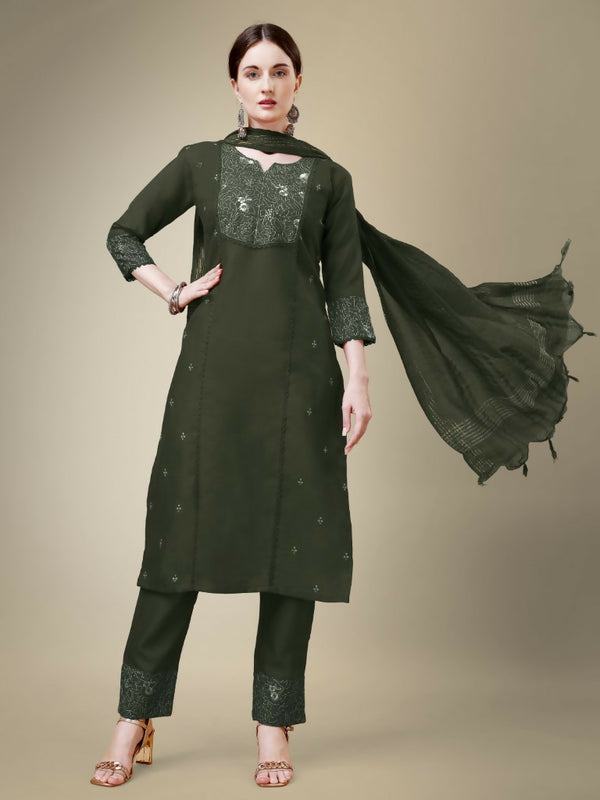 Jyoti Fashion Women's Dark Green Cotton Blend Embroidery & Fancy Lace work Kurta with Trouser & Dupatta - Distacart
