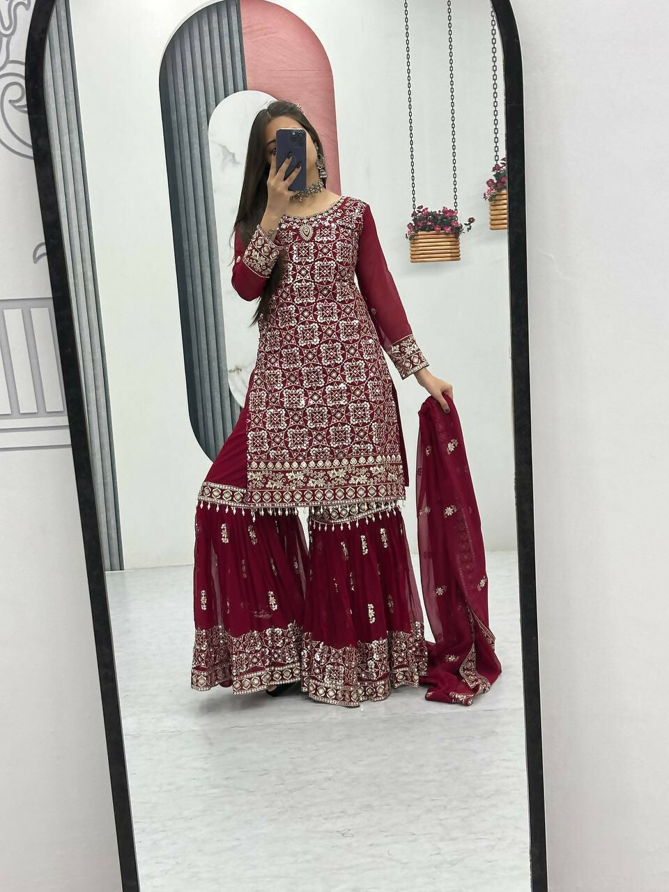 Teeya Creation Womens New Heavy Fox Georgette Fabric With Heavy Embroidery Work Red Kurta Set - Dista