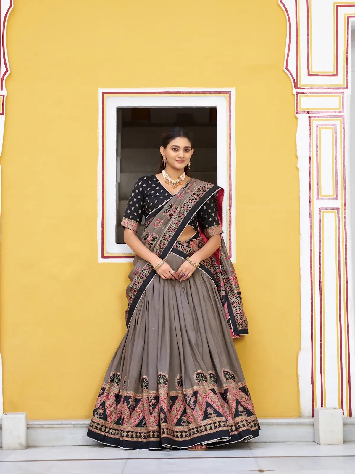 Looknbook Art Traditional Printed Tussar Silk Pleated Lehenga Choli for Women-Black