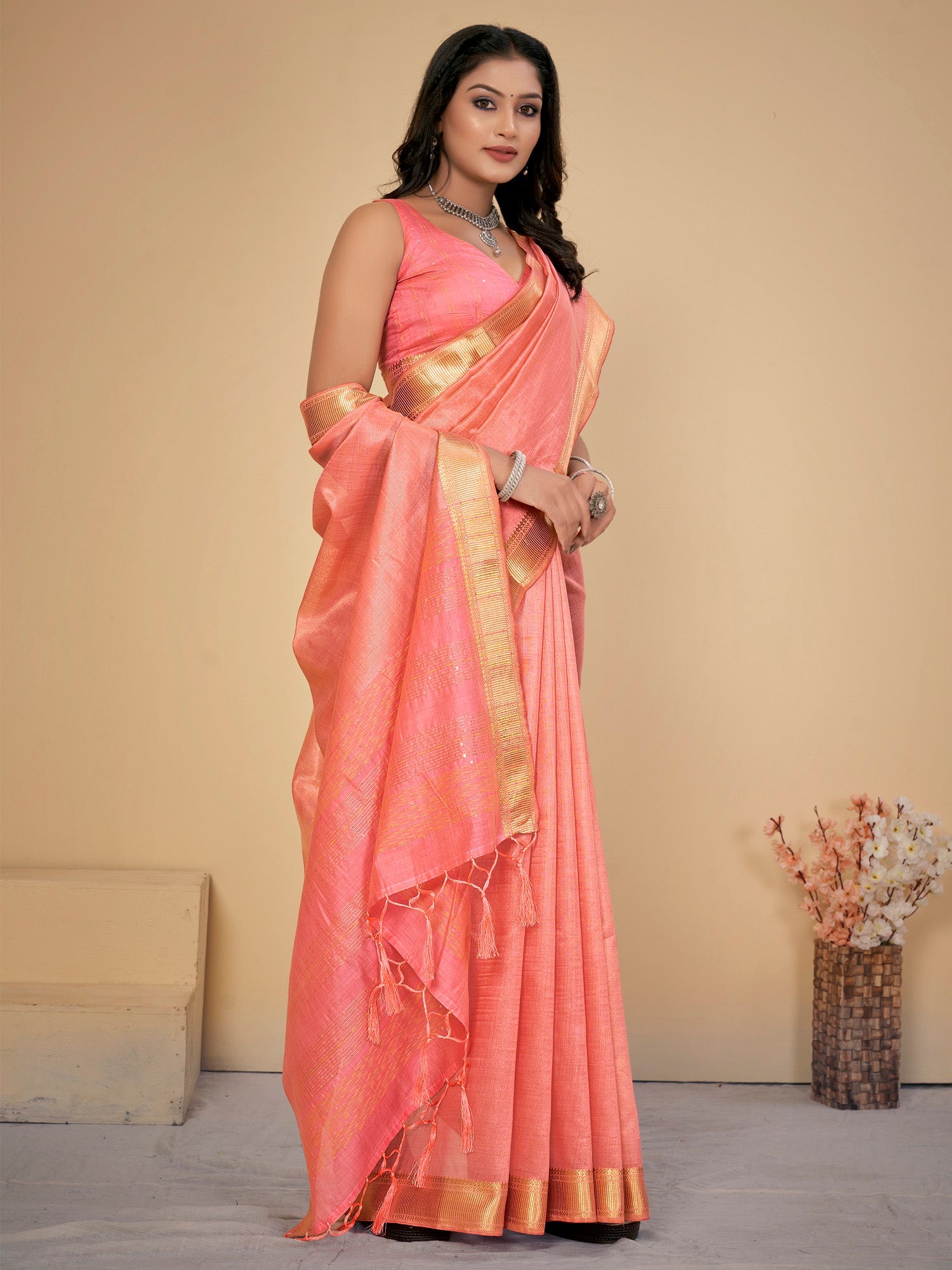 NOZ2TOZ Women's Cotton Silk Peach Embellished Designer Saree With Blouse Piece - Distacart