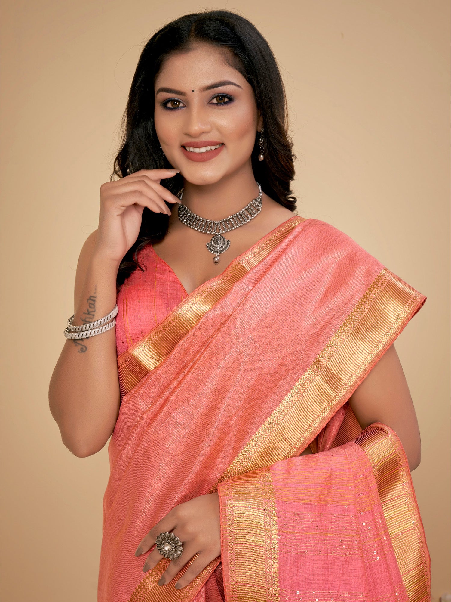 NOZ2TOZ Women's Cotton Silk Peach Embellished Designer Saree With Blouse Piece - Distacart