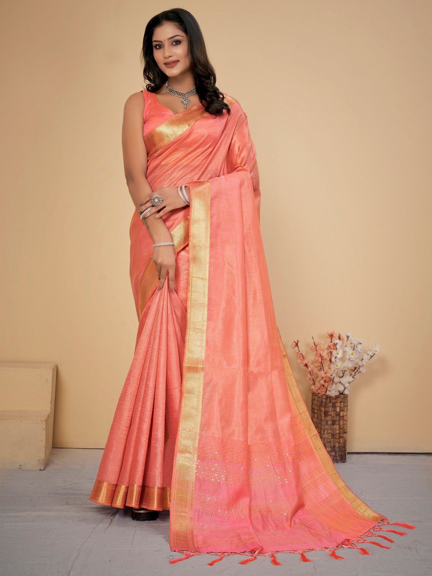 NOZ2TOZ Women's Cotton Silk Peach Embellished Designer Saree With Blouse Piece - Distacart