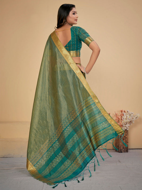 NOZ2TOZ Women's Cotton Silk Sea Green Embellished Designer Saree With Blouse Piece - Distacart