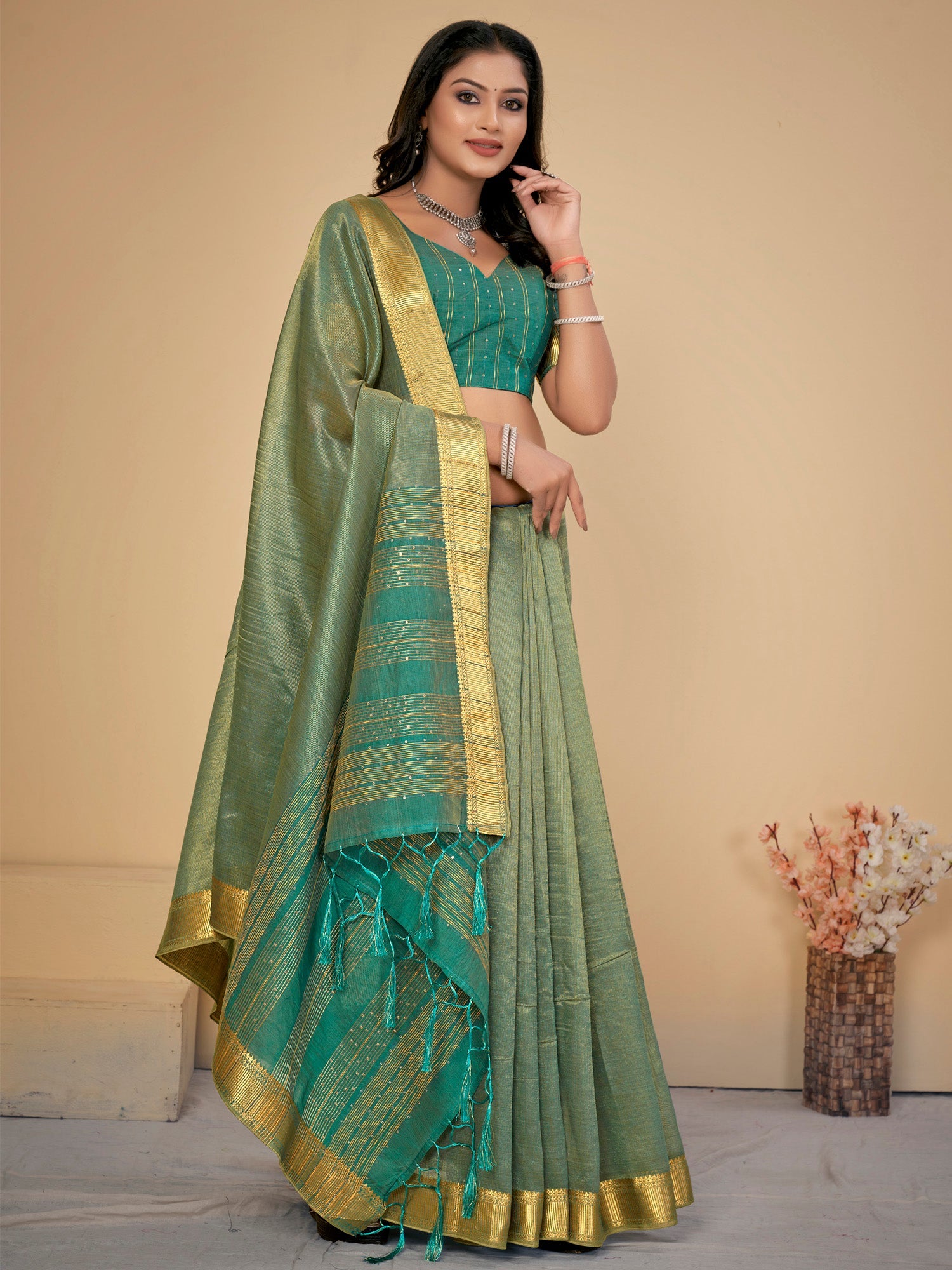 NOZ2TOZ Women's Cotton Silk Sea Green Embellished Designer Saree With Blouse Piece - Distacart