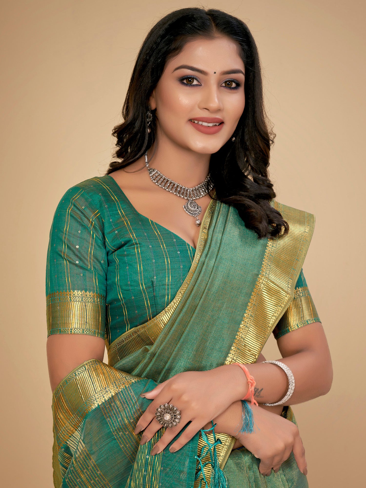 NOZ2TOZ Women's Cotton Silk Sea Green Embellished Designer Saree With Blouse Piece - Distacart
