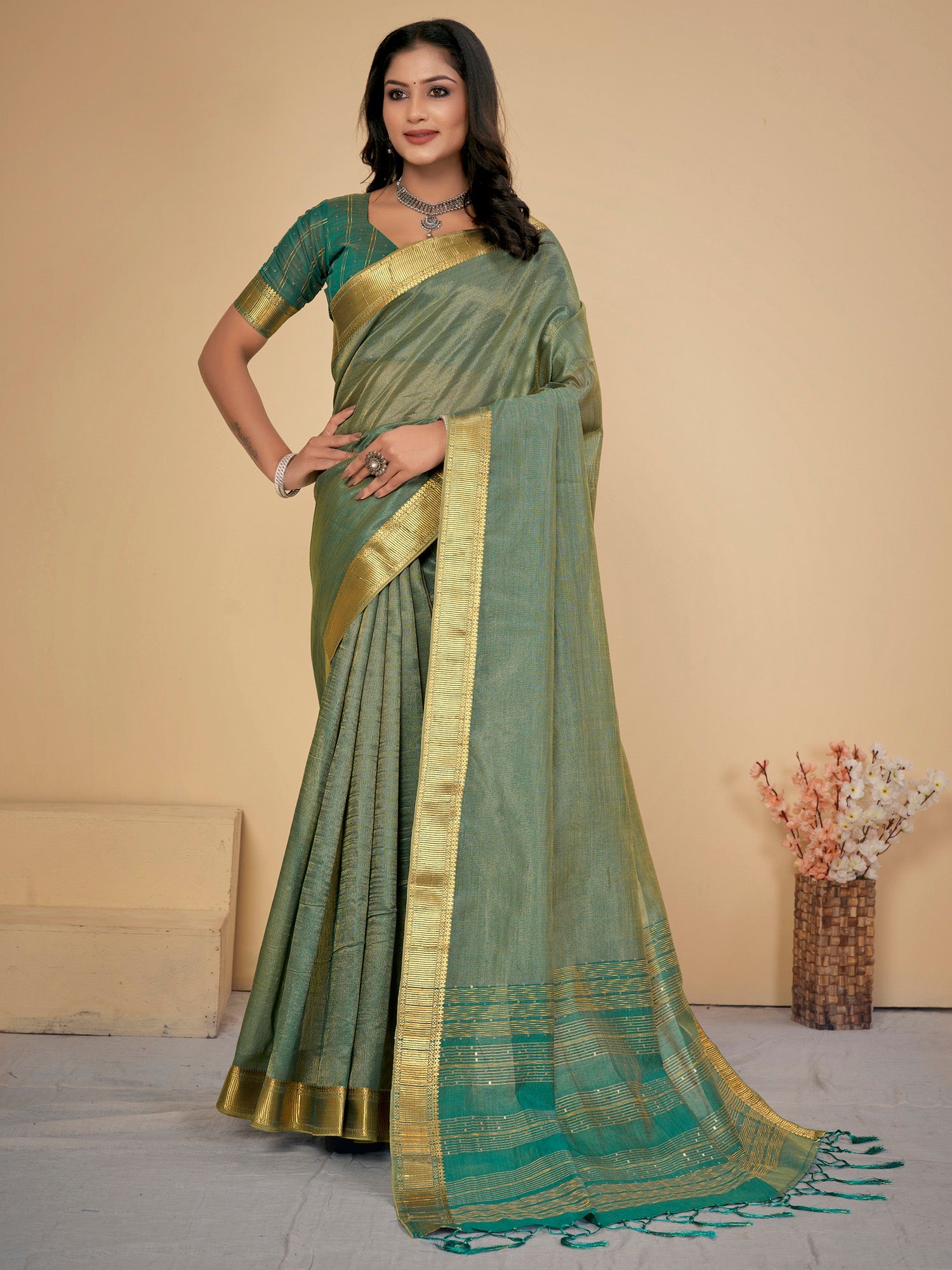 NOZ2TOZ Women's Cotton Silk Sea Green Embellished Designer Saree With Blouse Piece - Distacart