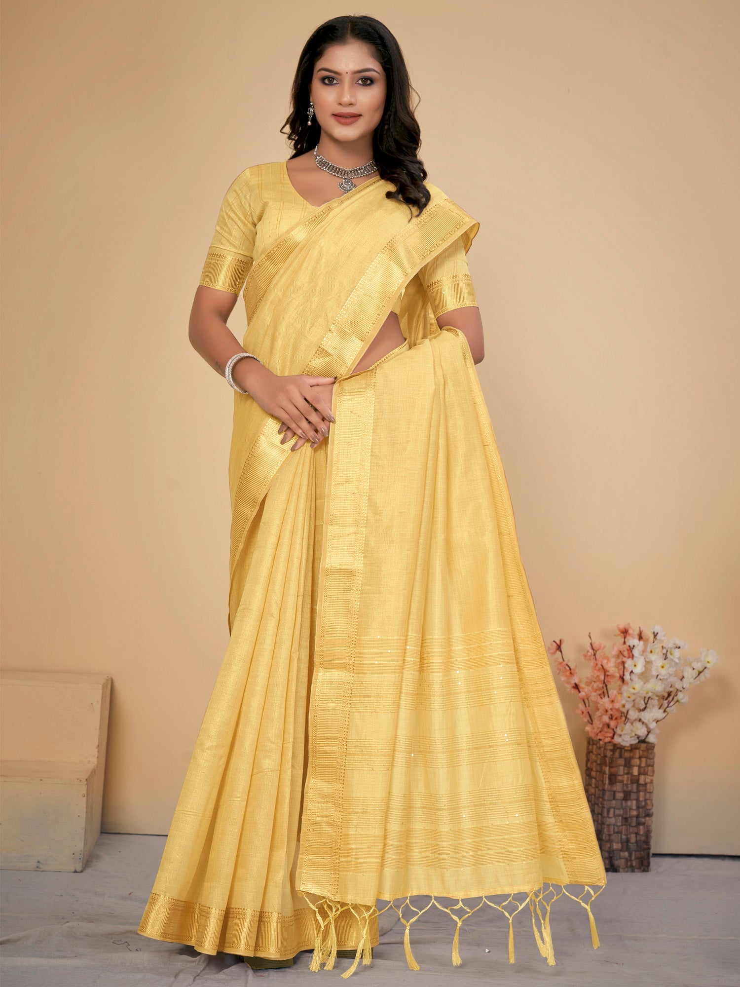 NOZ2TOZ Women's Cotton Silk Yellow Embellished Designer Saree With Blouse Piece - Distacart