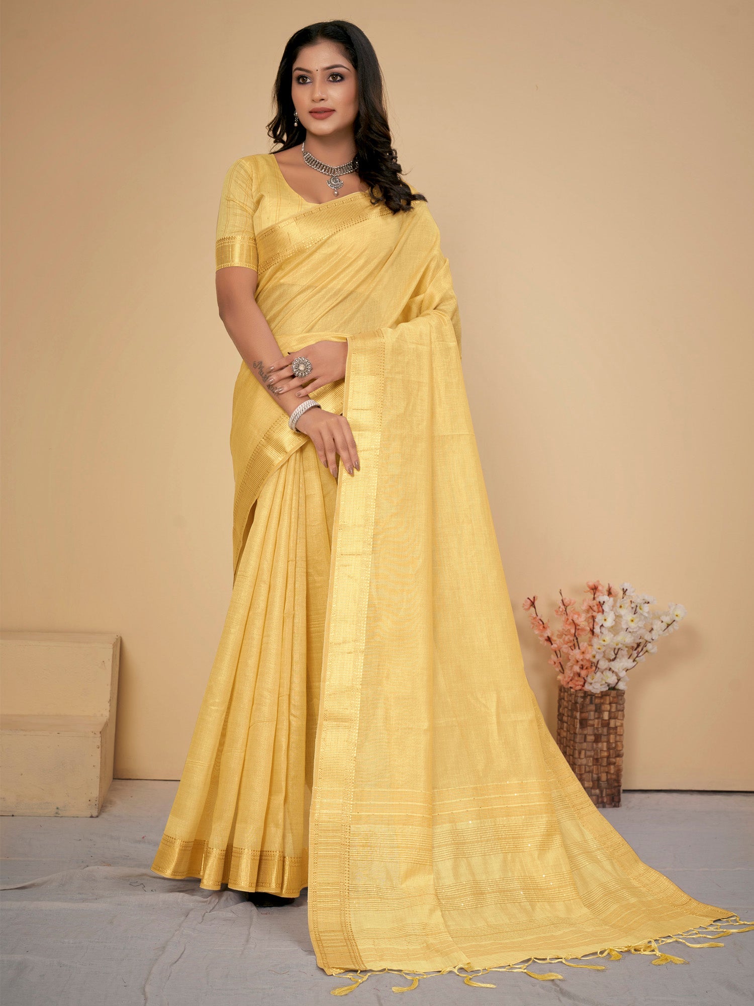 NOZ2TOZ Women's Cotton Silk Yellow Embellished Designer Saree With Blouse Piece - Distacart