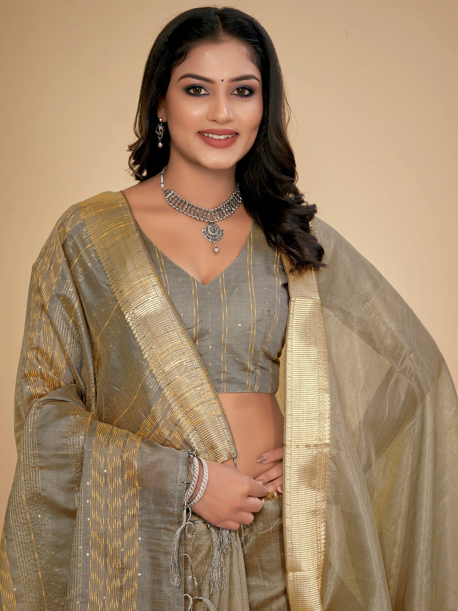 NOZ2TOZ Women's Cotton Silk Grey Embellished Designer Saree With Blouse Piece - Distacart