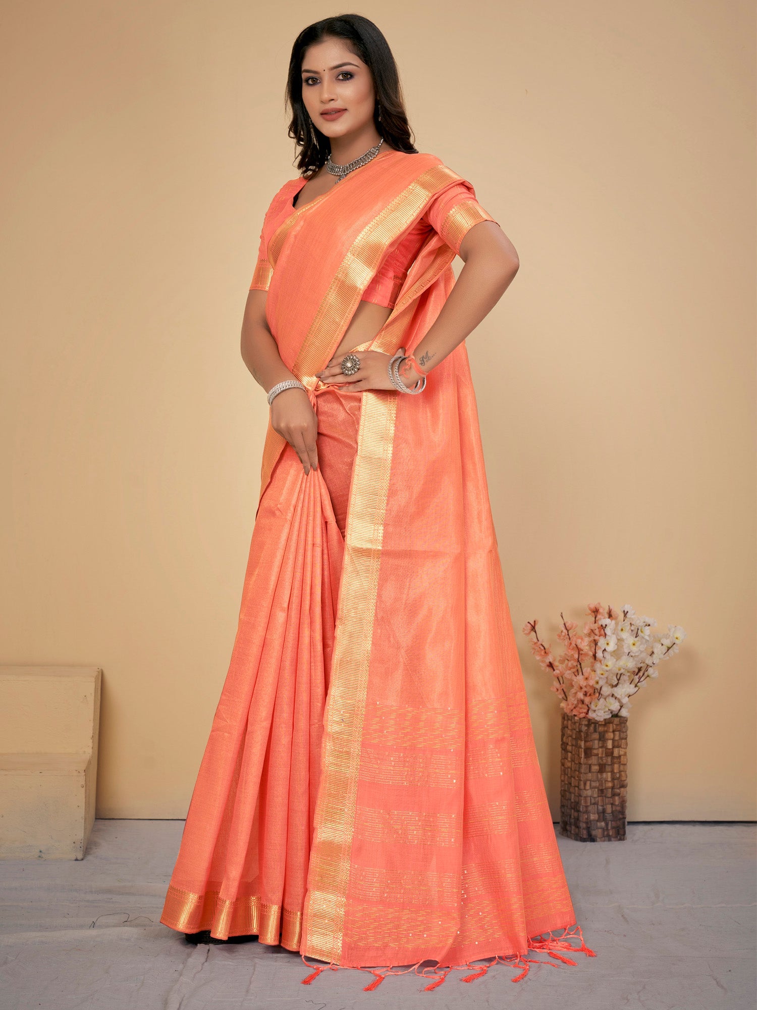 NOZ2TOZ Women's Cotton Silk Peach Embellished Designer Saree With Blouse Piece - Distacart