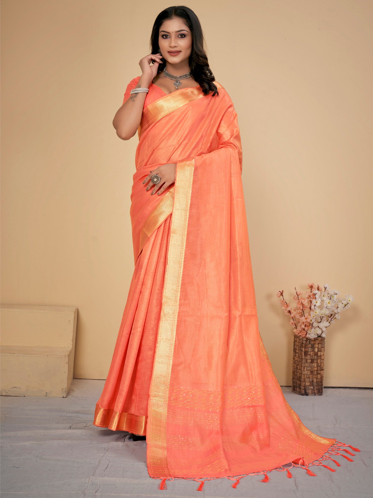 NOZ2TOZ Women's Cotton Silk Peach Embellished Designer Saree With Blouse Piece - Distacart