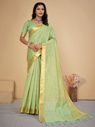 NOZ2TOZ Women's Cotton Silk Light Green Embellished Designer Saree With Blouse Piece - Distacart