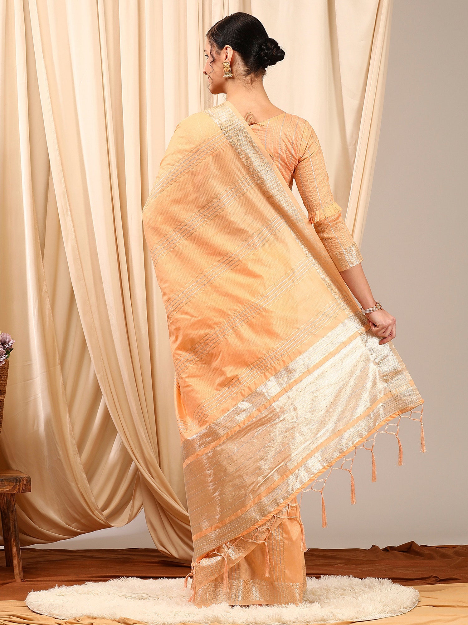 NOZ2TOZ Women's Linen Peach Woven Design Designer Saree With Blouse Piece - Distacart