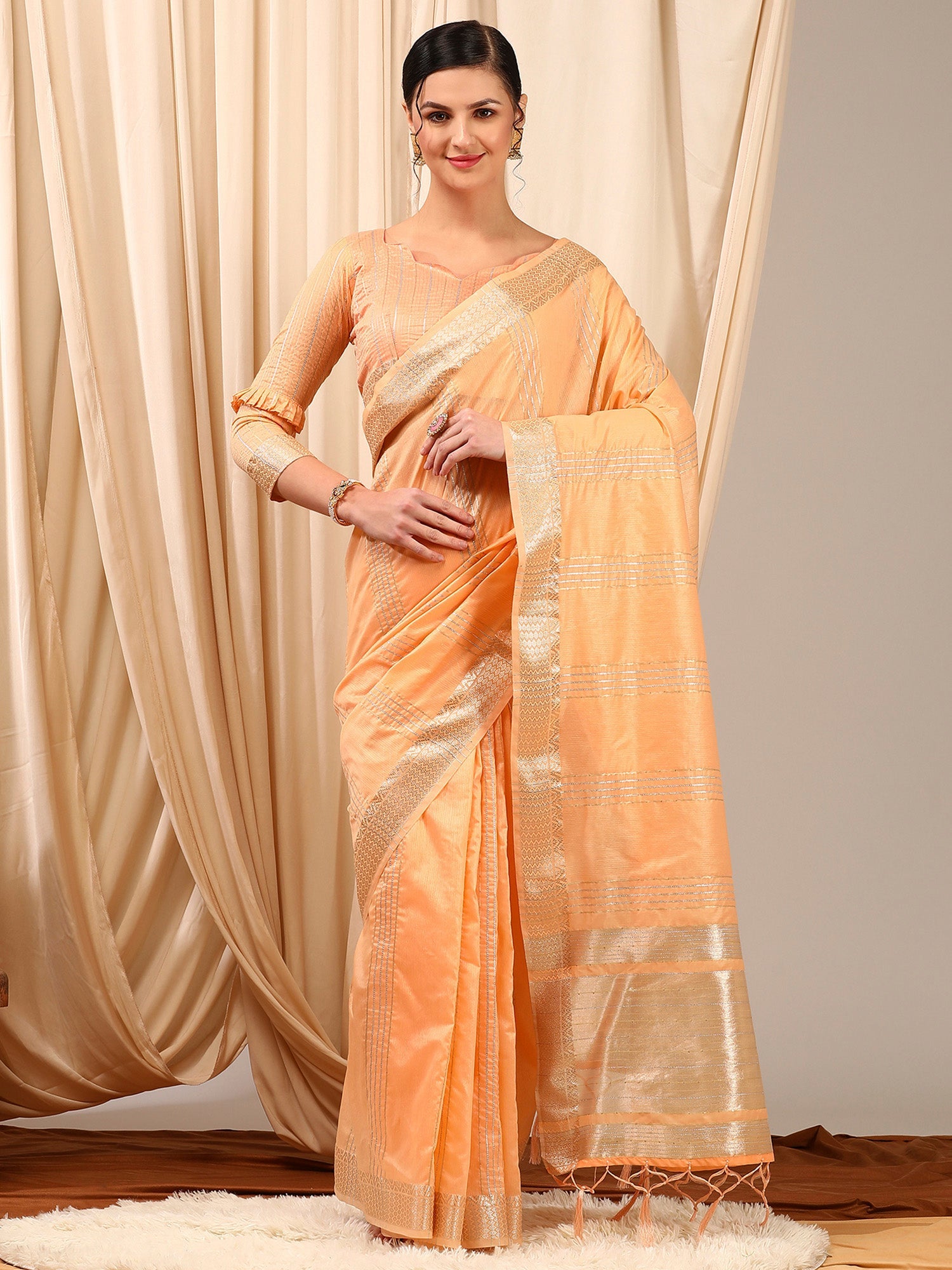 NOZ2TOZ Women's Linen Peach Woven Design Designer Saree With Blouse Piece - Distacart