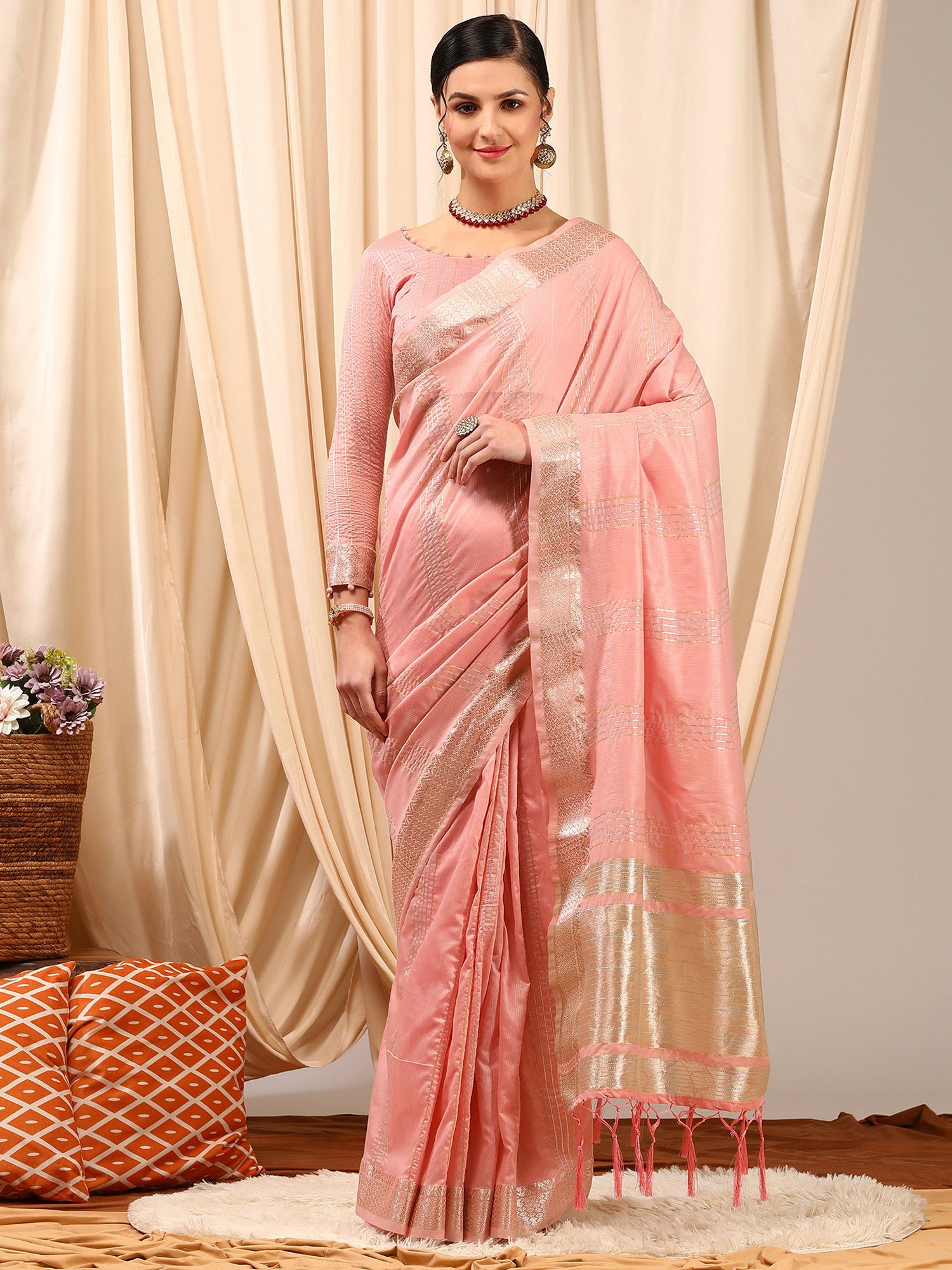 NOZ2TOZ Women's Linen Pink Woven Design Designer Saree With Blouse Piece - Distacart