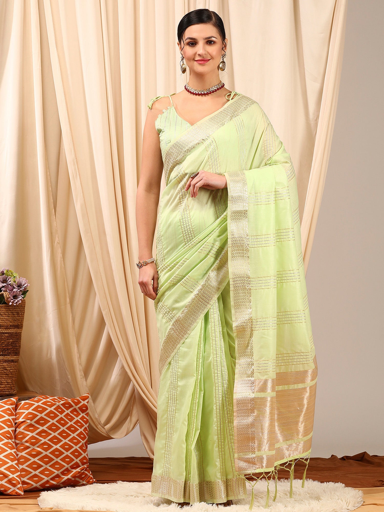 NOZ2TOZ Women's Linen Light Green Woven Design Designer Saree With Blouse Piece - Distacart