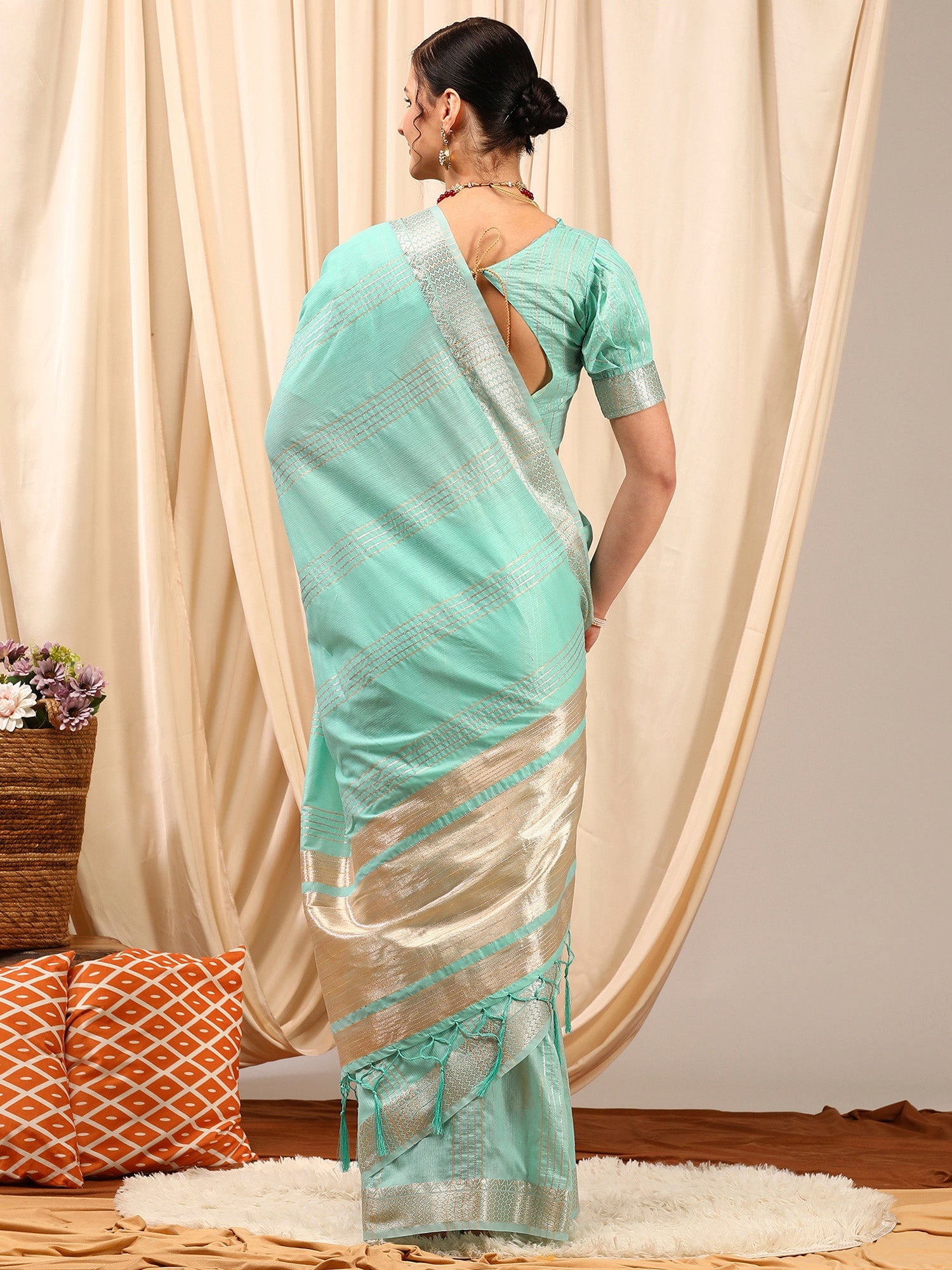 NOZ2TOZ Women's Linen Turquoise Woven Design Designer Saree With Blouse Piece - Distacart