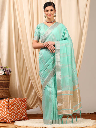 NOZ2TOZ Women's Linen Turquoise Woven Design Designer Saree With Blouse Piece - Distacart