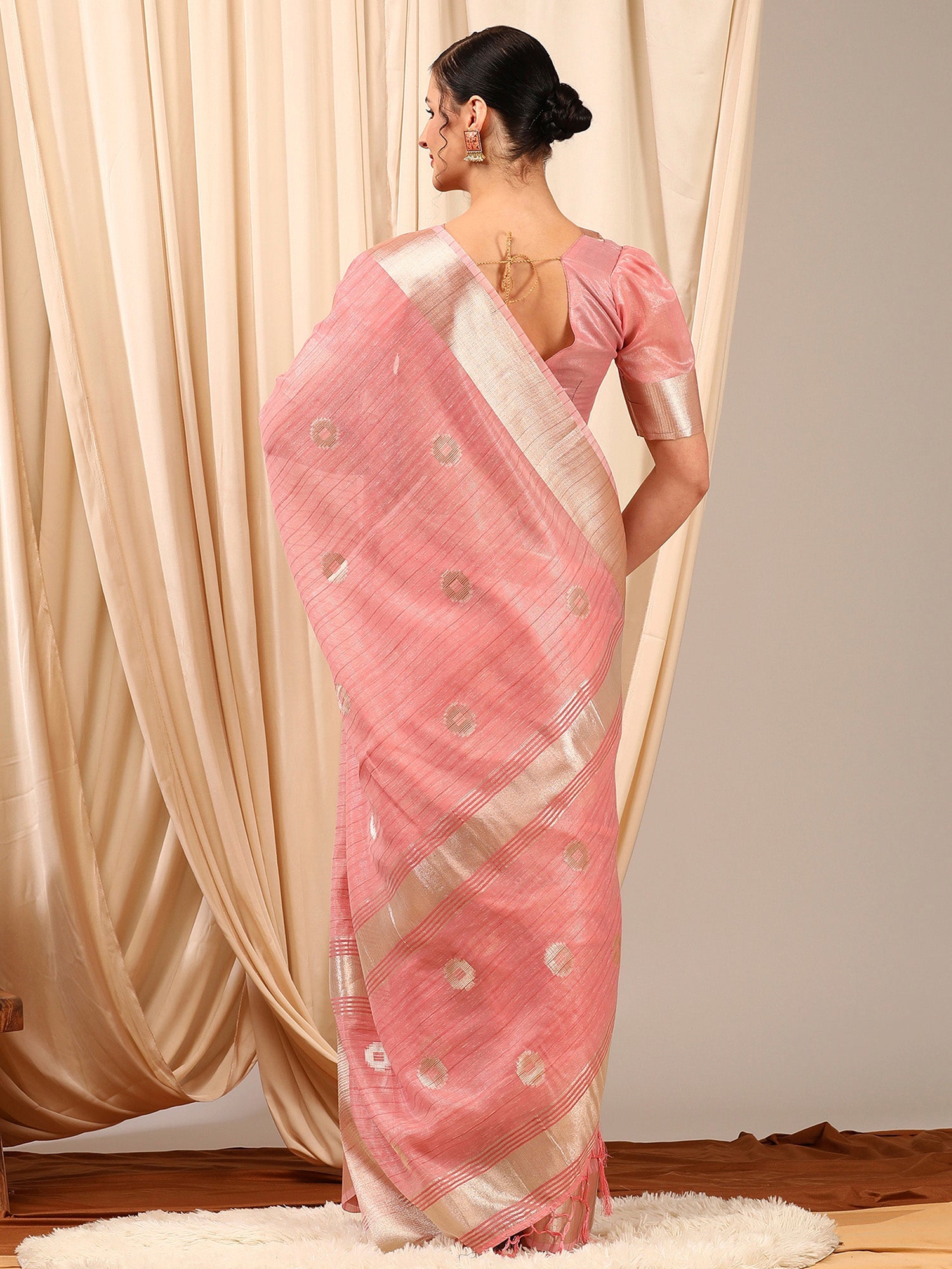 NOZ2TOZ Women's Linen Pink Woven Design Designer Saree With Blouse Piece - Distacart