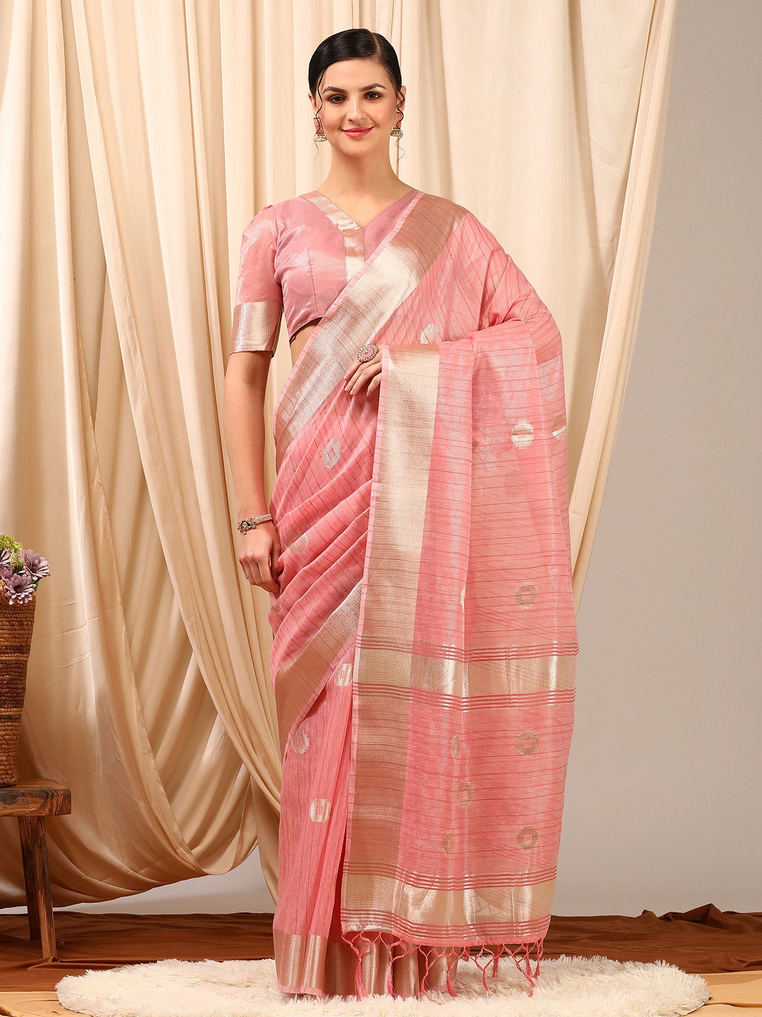 NOZ2TOZ Women's Linen Pink Woven Design Designer Saree With Blouse Piece - Distacart