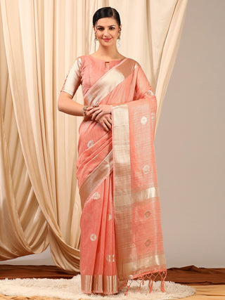 NOZ2TOZ Women's Linen Peach Woven Design Designer Saree With Blouse Piece - Distacart
