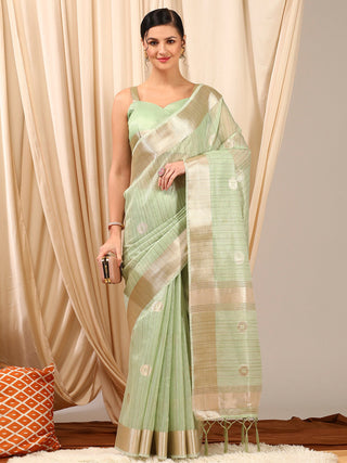 NOZ2TOZ Women's Linen Light Green Woven Design Designer Saree With Blouse Piece - Distacart