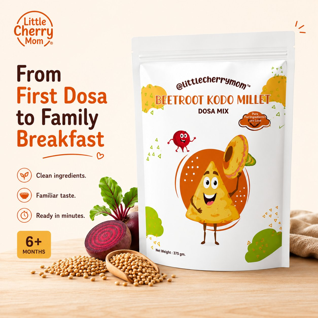 Littlecherrymom Beetroot Kodo Millet Instant Dosa - Dista