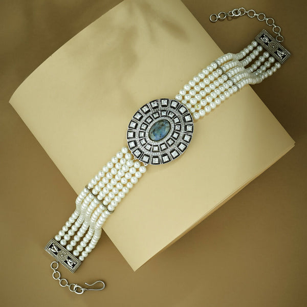 Nuyug Pearl Beaded Semi Precious Labradorite Stone & Enamelled Choker Necklace