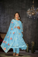 Thumbnail for Jyoti Fashion Women's Sky Blue Net Embroidered Anarkali Kurta Pant Set With Dupatta - Distacart