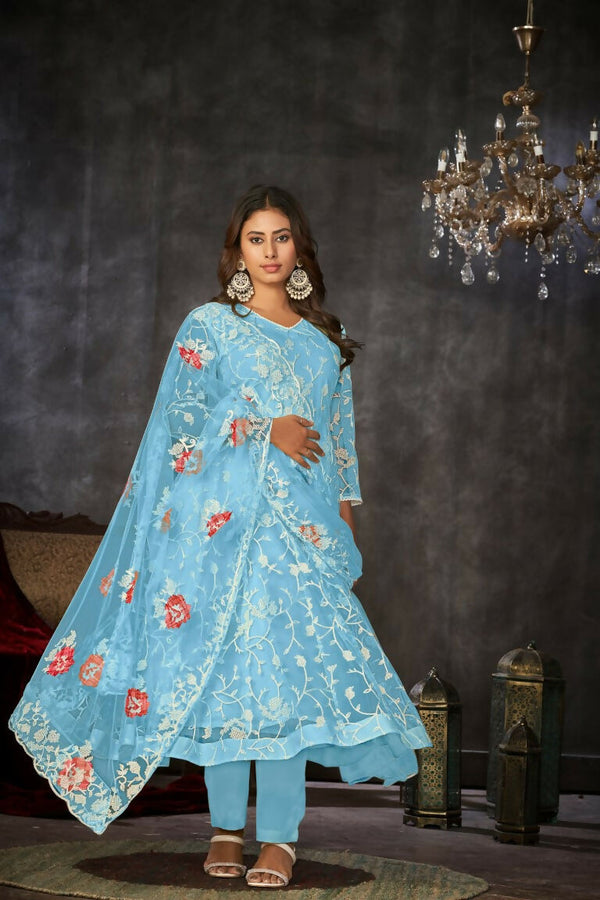 Jyoti Fashion Women's Sky Blue Net Embroidered Anarkali Kurta Pant Set With Dupatta - Distacart