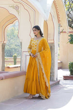Thumbnail for Aastha Fashion Women's Yellow Faux Georgette Jacquard with Sequins Embroidered Anarkali Dress with Dupatta - Distacart