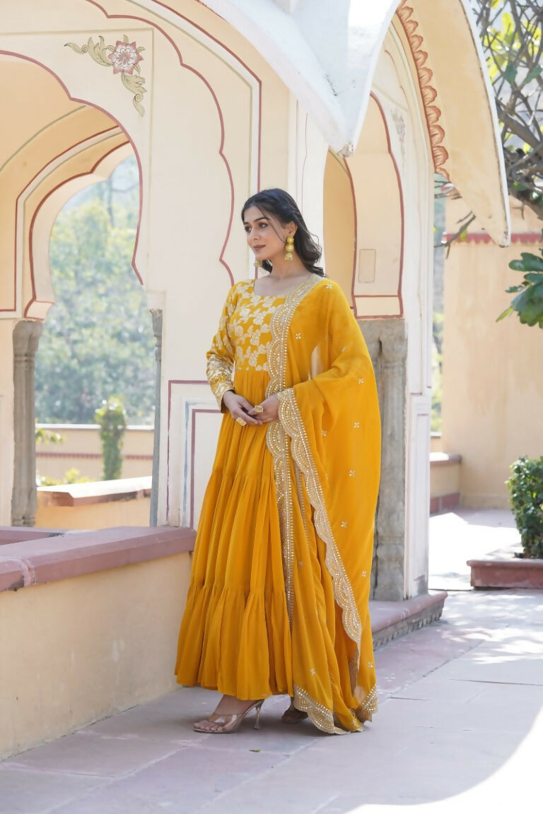 Aastha Fashion Women's Yellow Faux Georgette Jacquard with Sequins Embroidered Anarkali Dress with Dupatta - Distacart
