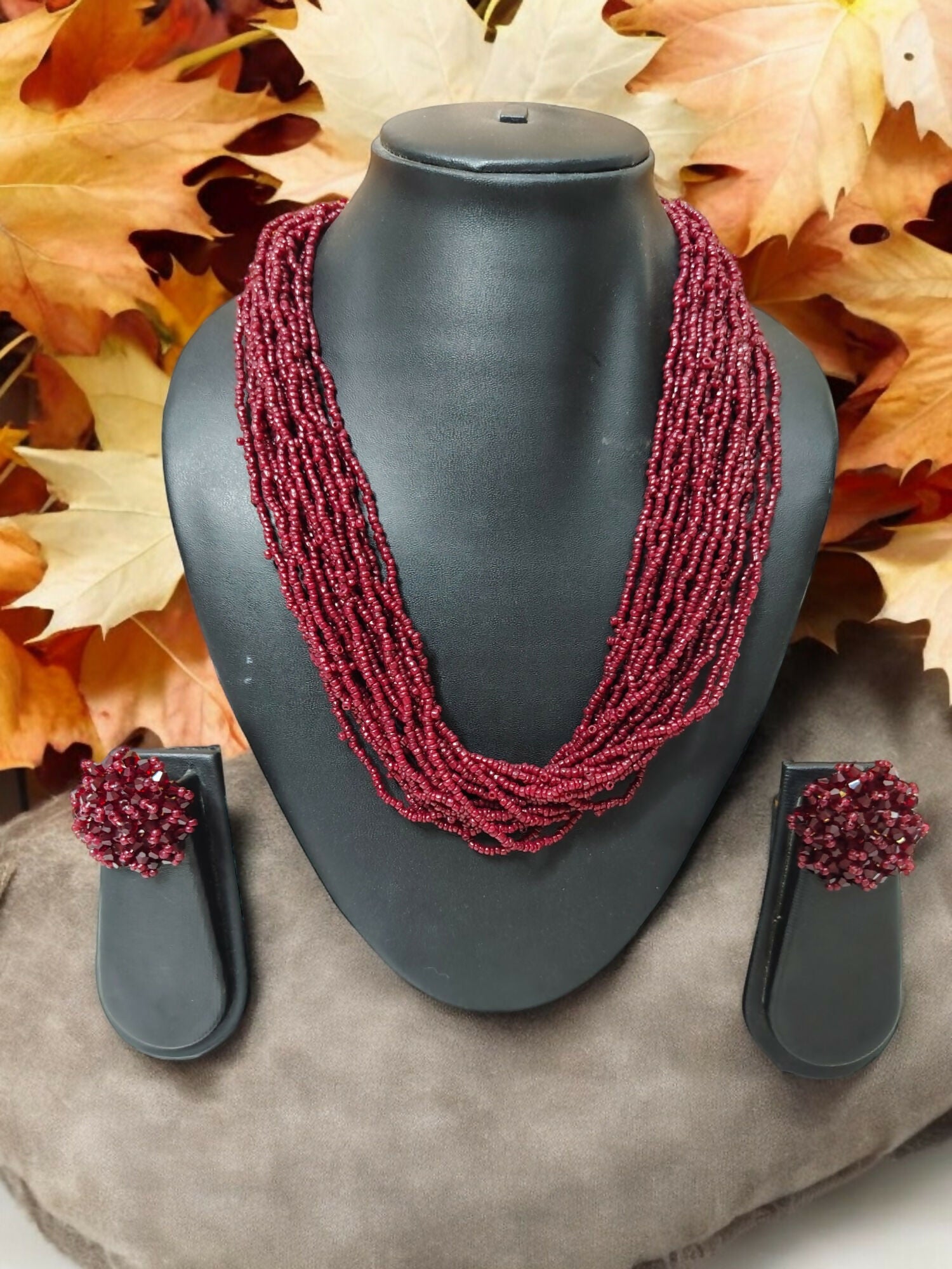 Inhanns Vibrant Handmade 20 Layers Beaded Necklace With Matching Earrings - Maroon - Distacart