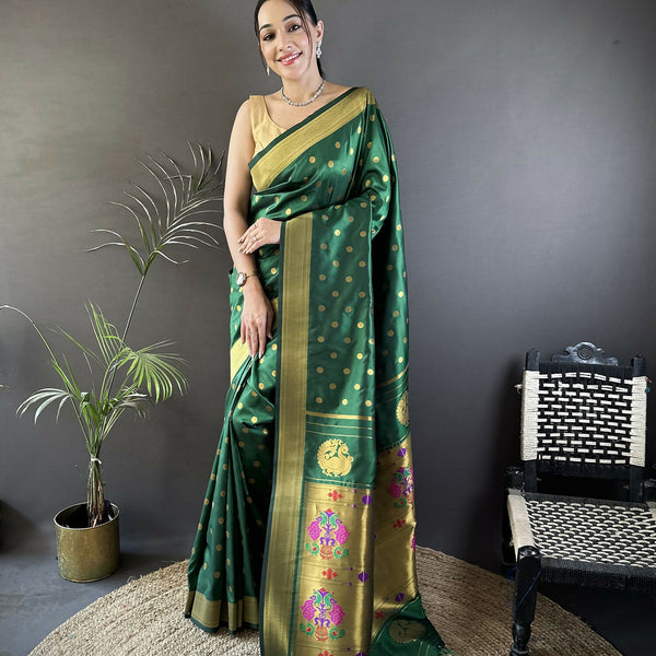 Joban Fashion Green Polka Dot Lichi Silk Paithani Silk Saree - Distacart