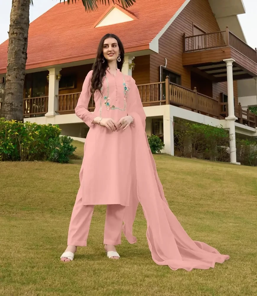 Nikhaar Light Pink Embroidered Art Silk Straight Cut Readymade Pakistani Suit