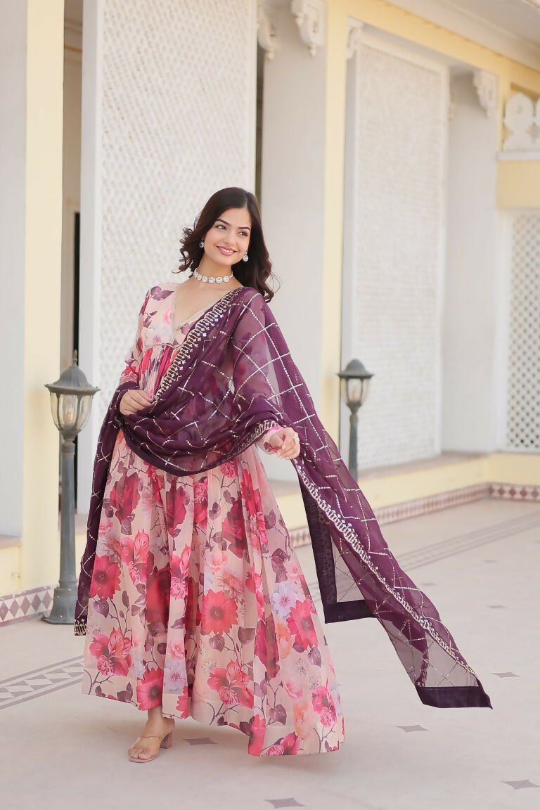 Aastha Fashion Women's White Russian silk Digital Printed Gown with Dupatta - Distacart
