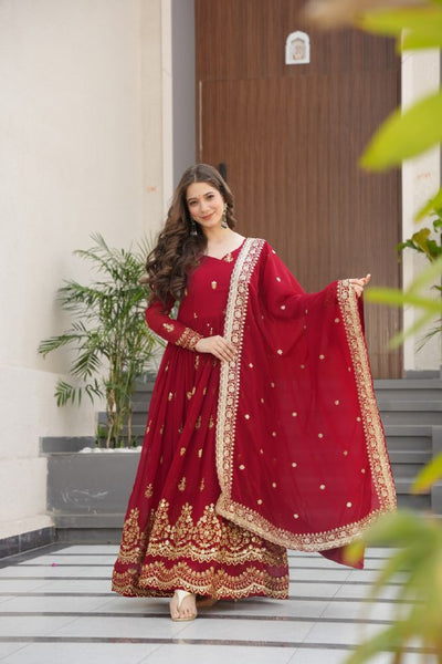 Lehenga Mart Premium Readymade Gown With Dupatta Set For Women-Maroon - Distacart