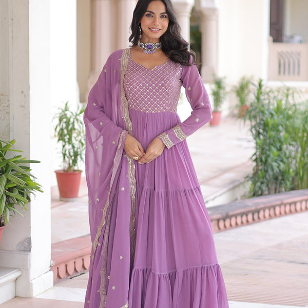 Lehenga Mart Premium Readymade Gown With Dupatta Set For Women-Onion - Distacart