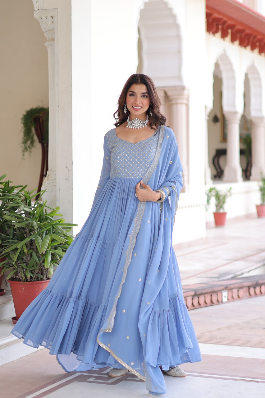Lehenga Mart Premium Readymade Gown With Dupatta Set For Women-Sky Blue - Distacart