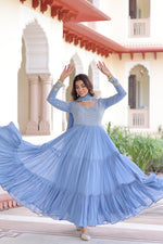 Thumbnail for Lehenga Mart Premium Readymade Gown With Dupatta Set For Women-Sky Blue - Distacart