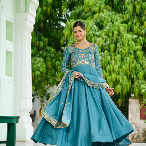 Lehenga Mart Premium Readymade Gown With Dupatta Set For Women-Sky Blue - Distacart