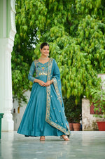 Thumbnail for Lehenga Mart Premium Readymade Gown With Dupatta Set For Women-Sky Blue - Distacart