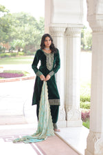Thumbnail for Lehenga Mart Designer Velvet Ready To Wear Kurta Pant With Dupatta For Women-Green - Distacart