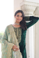 Thumbnail for Lehenga Mart Designer Velvet Ready To Wear Kurta Pant With Dupatta For Women-Green - Distacart