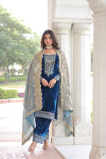 Thumbnail for Lehenga Mart Designer Velvet Ready To Wear Kurta Pant With Dupatta For Women-Morpich - Distacart