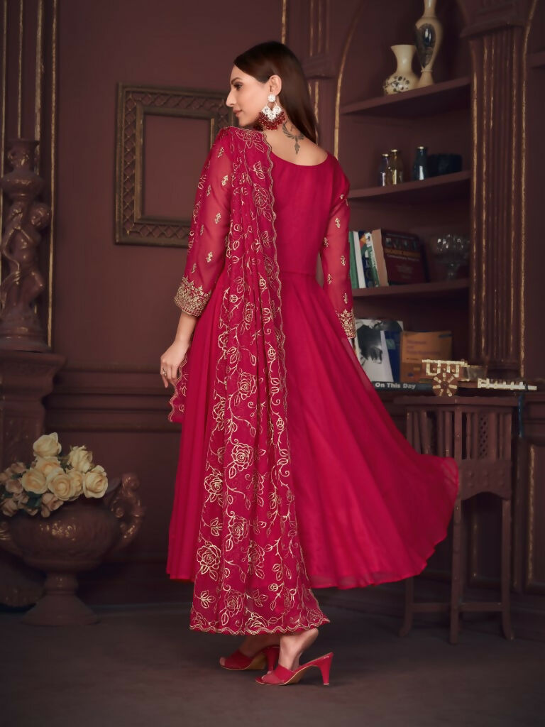 Jyoti Fashion Women's Rani Pink Georgette Embroidered Anarkali Kurta Pant Set With Dupatta - Distacart