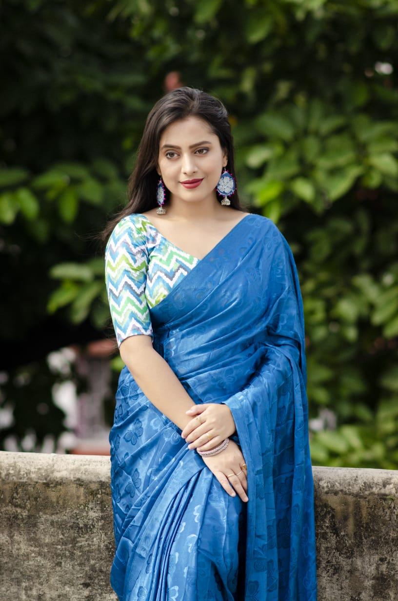 Blue Silk Blend Ethnic Motifs Saree with Unstitched Blouse - A2M - Distacart
